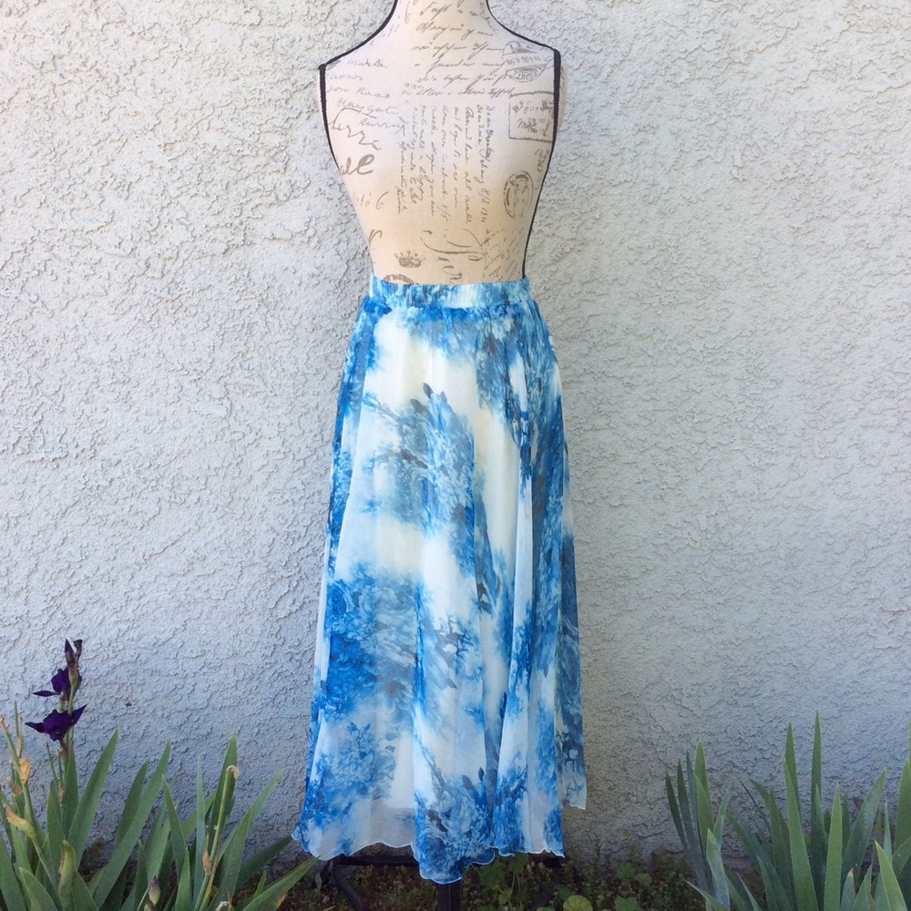 White Blue Floral Cloud Full Long Maxi Skirt Watercolor Swirl Whimsical Design